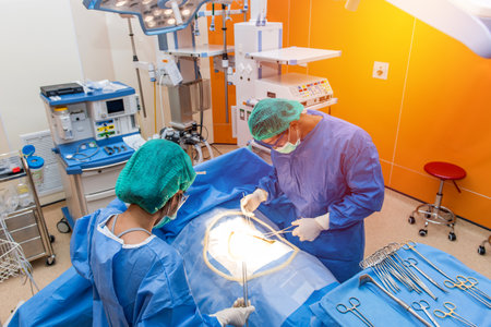 Medical physician doctor or Surgery team in operation room with lighting at hospital.の写真素材