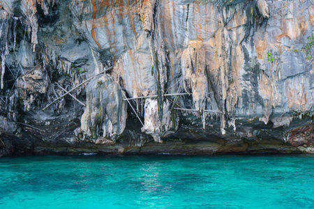 landscape Viking cave on Maya island on fantastic emerald lagoon sea at Koh Phi Phi Island Thailand, Pileh Lagoon.の写真素材