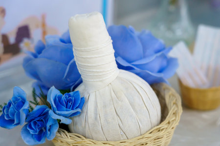 herbal spa balls for treatment or massage with herb bergamot and ginger.の写真素材