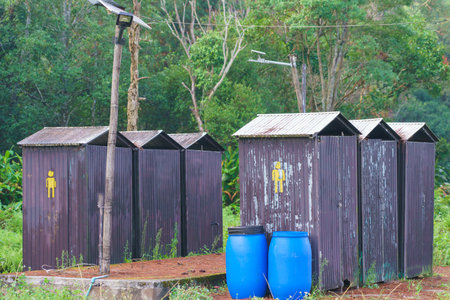 Wooden toilet or Portable toilets for male and female at National Park Thailand.の写真素材