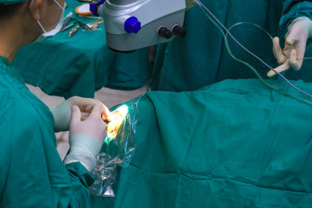 Doctor surgical operation eye lens replacement, intraocular lens installation, surgical cataract treatment.の写真素材