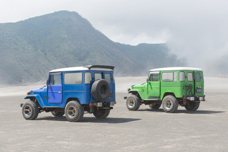 car at Bromo Mountain, Mount Bromo is one of the most visited tourist attractions in Java, Indonesia.の写真素材