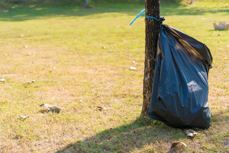 garbage bag tied to a treein the park on green grass.の写真素材