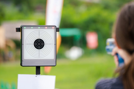 sports shooting range with targets prepared for firearms shooting - shooting training laser gunの写真素材