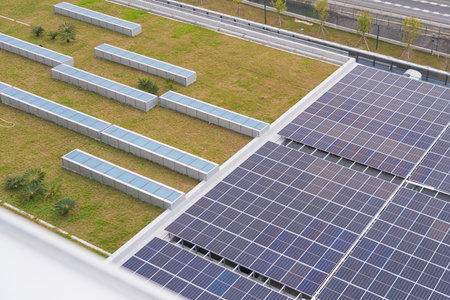 Close up of Solar cell farm power plant eco technology.landscape of Solar cell panels in a...