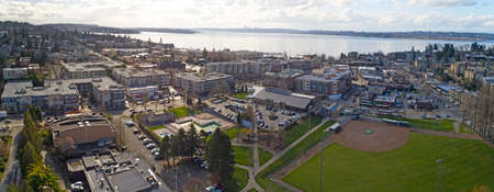 Kirkland Washington Downtown Aerial Panoramic View Looking Toward Lake Washington Seattle Skylineの写真素材
