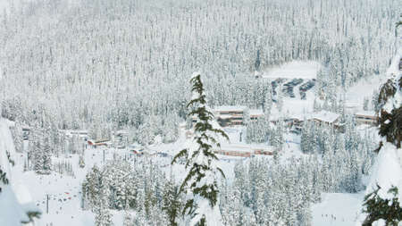 Stevens Pass, Washington/USA - Ski Resort Telephoto View of Lodge and Base Area From Top of Mountainのeditorial素材