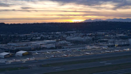 Seattle, Washington/USA - March, 2018: Boeing Field Airport Aerial View Above Runway at Sunsetのeditorial素材