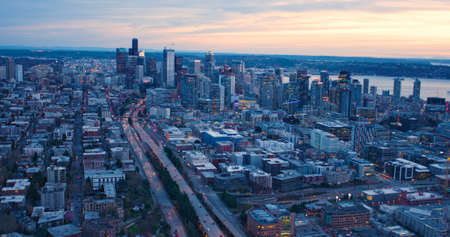 Seattle Washington Aerial View of South Lake Union and Downtown Waterfrontの写真素材