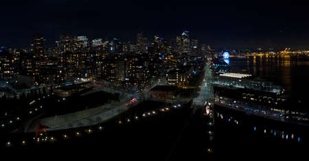 Seattle WA Downtown Waterfront Night Panoramic Viewの写真素材