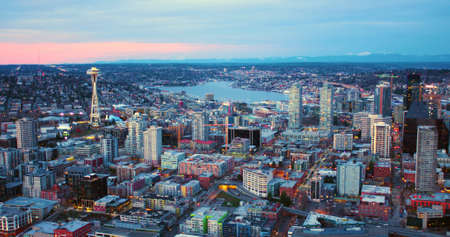 Seattle Washington USA - March 12 2018 Aerial View From Helicopter Looking North From City Downtown Towards Lake Unionのeditorial素材