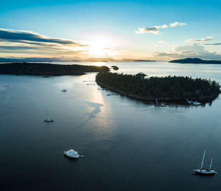 Roche Harbor Washington Waterfront Aerial View at Sunsetの写真素材