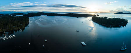 Roche Harbor Washington Sailboats and Yachts Aerial View at Sunsetの写真素材