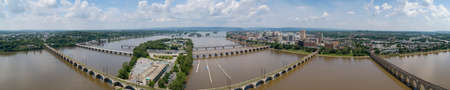 City Island Market Street Bridge Crossing Susquehanna River Aerial View Harrisburg Pennsylvaniaの写真素材