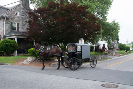 Lancaster, Pennsylvania/USA - May 29, 2018: Amish Farmer Rides House Drawn Buggy on Modern City Streetの写真素材