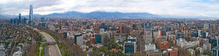 Santiago de Chile Aerial Panoramic View of City Skyscrapers Mountains Landscapeの写真素材