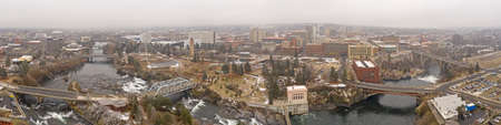 Spokane Washington Panoramic Aerial View City Downtown Cloudy Winter Day Above Riverの写真素材