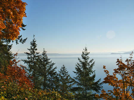 Samish Bay Fall Autumn View From Chuckanut Drive Bow Washington looking Towards Anacortesの写真素材