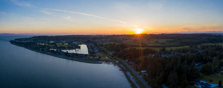 Birch Bay Village Washington Aerial Sunset Landscape Looking Northの写真素材