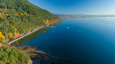 Bow, Washington/USA - October 2017: Taylor Shellfish Farms Chuckanut Drive Rock Point Aerial View Along Coast of Samish Bayのeditorial素材