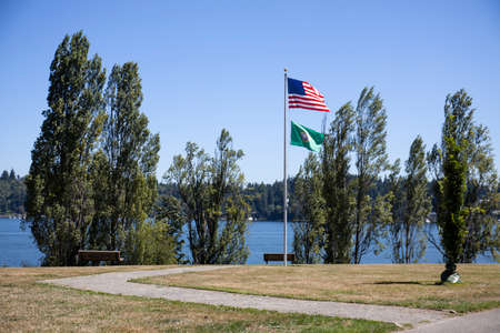 Walkway Country Flags and Benches at Luther Burbank Park in Mercer Island Washington USAの写真素材