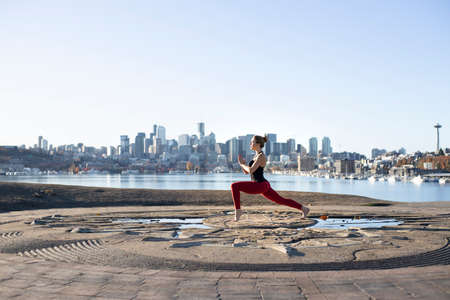 One Woman Does Yoga Pose For Stress Relief Exercise City Lifestyleの写真素材