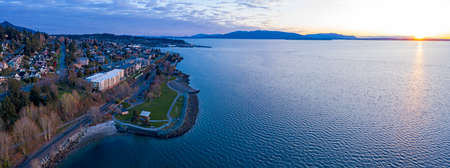 Panorama Aerial Overhead Landscape of Bellingham Washington Toward Fairhaven at Sunsetの写真素材