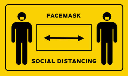 Facemask Social Distancing Conceptual Sign Design Yellow Construction Styleの写真素材