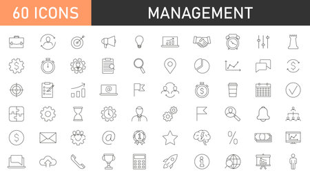 Management editable stroke icon collection. Management and business thin line icons set.のイラスト素材