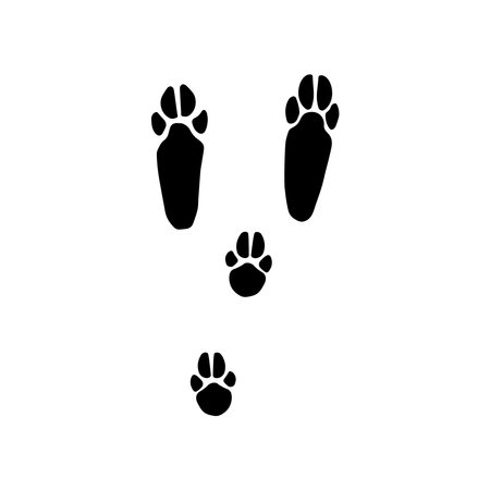Rabbit paw silhouettes stamps. Trace of wet or mud steps of running or walking hare isolated on white background.のイラスト素材