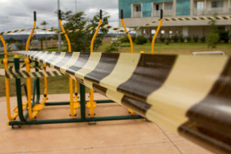 Brasilia, Brazil June 16, 2020: A public fitness park has been sealed off by the Brazilian,...
