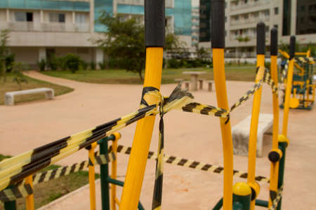 Brasilia, Brazil June 16, 2020: A public fitness park has been sealed off by the Brazilian, Government for use by the public until further notice. A causality of the Corona Virusのeditorial素材