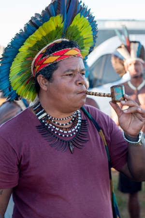 Brasilia, Brazil-April 25th 2019: Thousands of Indigenous Indians descend upon the capital city of Brasilia, in a movement called âAcampamento Terra Livre 2019 (Encampment for Free Land) in hopes of oのeditorial素材
