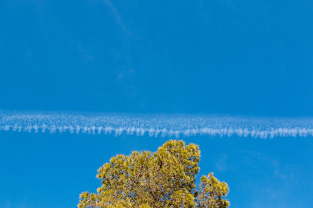 Chemtrails or Contrials high above the sky visible on a clear blue dayの写真素材