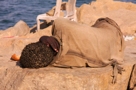 Luanda, Angola, February 12. 2009: Homeless man sleeping on rocks near the Ship Port of Luanda.のeditorial素材
