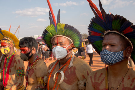Brasilia, Brazil DF August 26, 2021: Indigenous Indians from all parts of Brazil, descend on the...