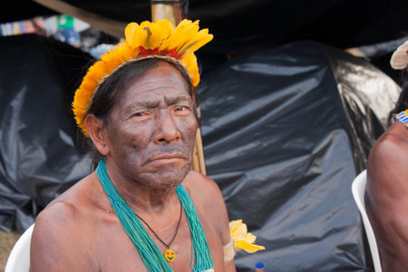 Brasilia, DF, Brazil-April 12, 2022: Thousands of Indigenous natives from all over Brazil descend upon Brasilia, for the annual Free Land Encampment or âAcampamento Terra Livre.âのeditorial素材