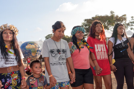 Brasilia, DF, Brazil-April 12, 2022: Indigenous Natives from all over Brazil, descend upon Brasilia, for the annual Free Land Encampment or âAcampamento Terra Livre.âのeditorial素材
