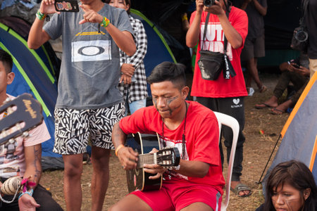 Brasilia, DF, Brazil-April 12, 2022: Indigenous Natives from all over Brazil, descend upon Brasilia, for the annual Free Land Encampment or âAcampamento Terra Livre.âのeditorial素材