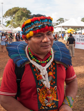 Brasilia, DF, Brazil-April 13, 2022: Indigenous Natives from all over Brazil, descend upon Brasilia, for the annual Free Land Encampment or âAcampamento Terra Livre.âのeditorial素材