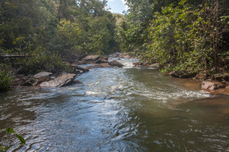 The small Itiquira River that flowing down from the Indaia waterfall near Planaltina, and Formosa, Goias, Brazilの写真素材