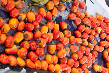 Delicious Fresh Cashew Fruit also known as the Cashew Apple for sale at a local outdoor market in Brazilの写真素材