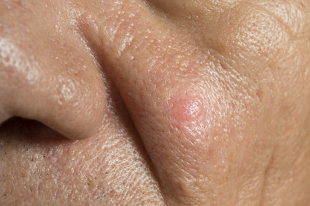 Close up of a Man with a big ugly pimple on his cheekの写真素材
