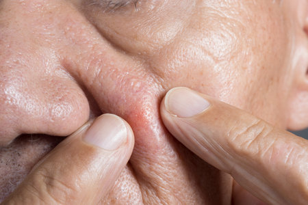 Close up of a Man with a big ugly pimple on his cheekの写真素材