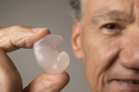 Older Man showing off his custom made silicone earplugs for hearing protectionの写真素材