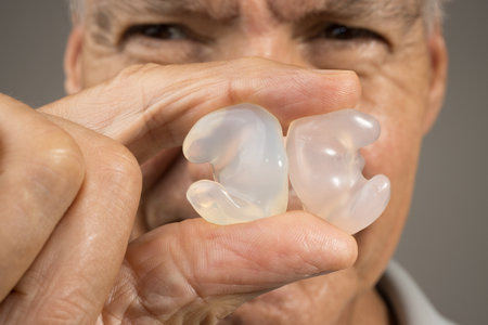 Older Man showing off his custom made silicone earplugs for hearing protection