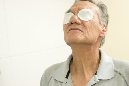 Senior man in the bathroom using cotton pads for eye reliefの写真素材