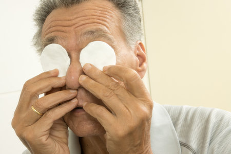 Senior man in the bathroom using cotton pads for eye reliefの写真素材