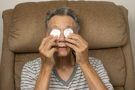 Senior man sitting in an easy chair applying cotton pads to for eye reliefの写真素材