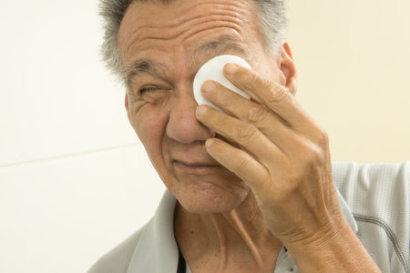Senior man in the bathroom using cotton pads for eye reliefの写真素材